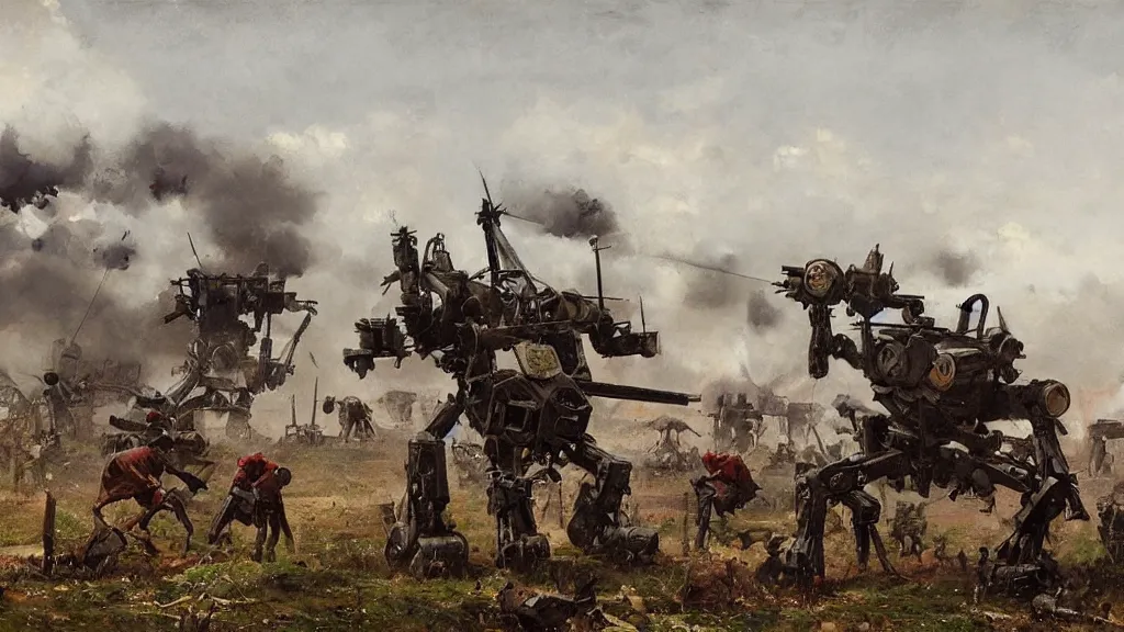 Image similar to 1920's battle in a farming village between bipedal mechs, painted by Jakub Rozalski