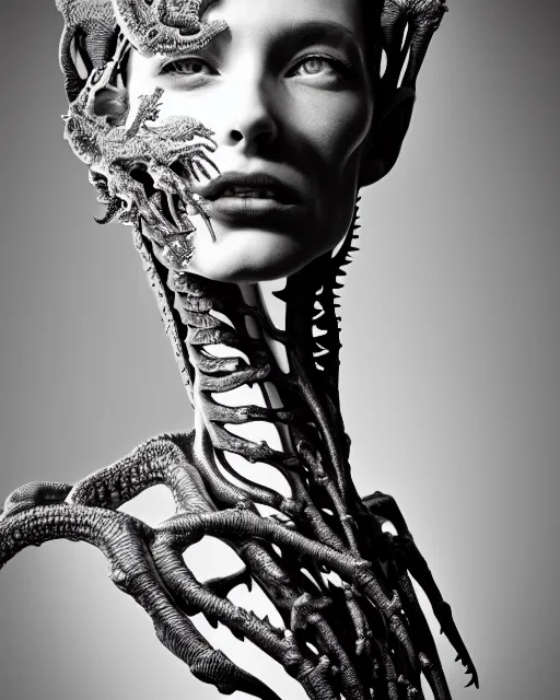 Prompt: a black and white high quality photo of a young beautiful female queen-dragon-cyborg bust with a very long neck and Mandelbrot fractal face, Mandelbrot fractal skin, flesh, anatomical, facial muscles, veins, arteries, elegant, highly detailed, flesh highly baroque ornate, hair are wired cables, elegant, high fashion, rim light, octane render, in the style of Diane Arbus, Realistic, Refined, Digital Art, Highly Detailed, Cinematic Lighting, rim light, black and white, photo-realistic, 8K