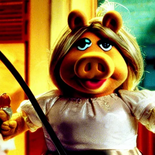 Prompt: Miss Piggy as the Bride in Kill Bill, holding sword, photo, ultra detailed, 4k