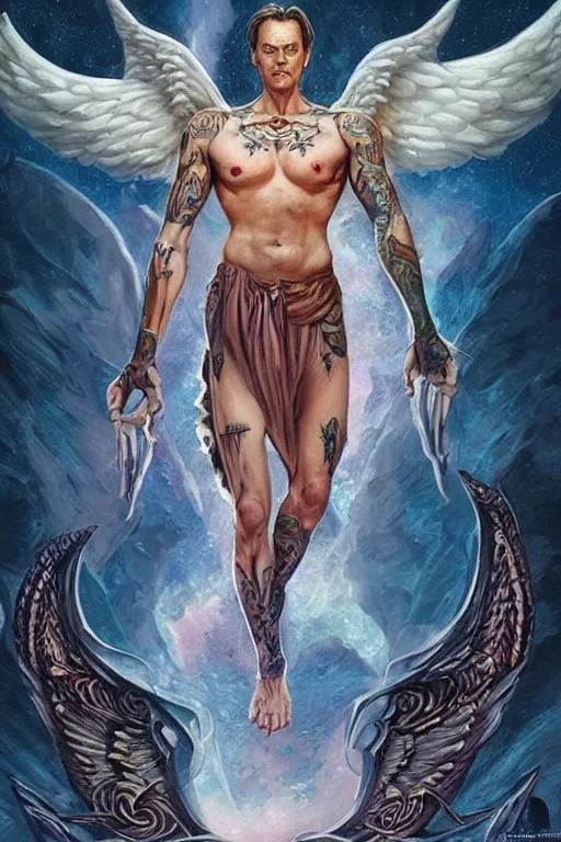 Prompt: handsome! Steve Buscemi as a muscular angel wings wide open whole body tattooed with runes and religious symbols, urban fantasy romance book cover, D&D!, fantasy style, sharp focus!, ultra detailed, art by Artgerm and Peter Andrew Jones, WLUP