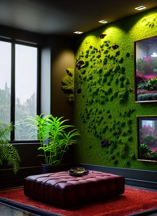 Image similar to hyperrealism, detailed textures, photorealistic 3 d render, a beautiful rich interior living space with plants fishtanks and obsidian flooring, deep cherry wood walls, ultra realistic, ultra high pixel detail, cinematic, intricate, cinematic light, octane render, concept art, illustration, captured on canon eos r 6, art station, unreal engine 8 k