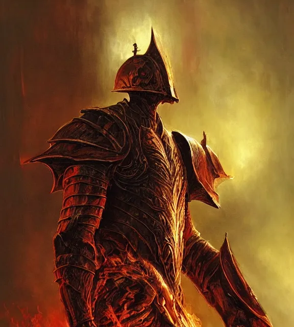 Image similar to fire knight in hellish armor concept, beksinski, age of sigma art, frank franzetta, ruan jia, dark soul armor concept, trending on artstation, wayne barlowe, adrian smith fantasy art, elden ring art, the hobbit art, lord of the ring art, infinity blade armor