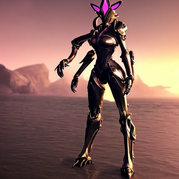 Prompt: cinematic detailed, close up, full body, front shot, of a beautiful saryn prime female warframe, that's a beautiful stunning anthropomorphic robot female dragon with metal cat ears, sassy pose, standing on the beach at sunset, metal cat paws as feet, thick warframe legs, detailed arms, sharp claws, slick pink armor, streamlined white armor, long elegant tail attached to her back end, two arms, two legs, detailed warframe fanart, destiny fanart, macro art, dragon art, furry art, realistic digital art, warframe art, Destiny art, furaffinity, DeviantArt, artstation, 3D realistic, 8k HD, octane render