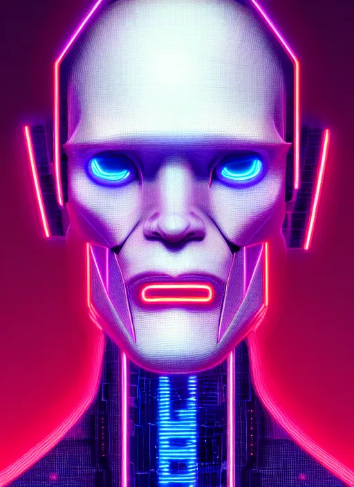 Image similar to portrait of williem dafoe cyber humanoid, intricate, elegant, cyber neon lights, highly detailed, digital painting, artstation, glamor pose, concept art, smooth, sharp focus, illustration, art by artgerm and greg rutkowski