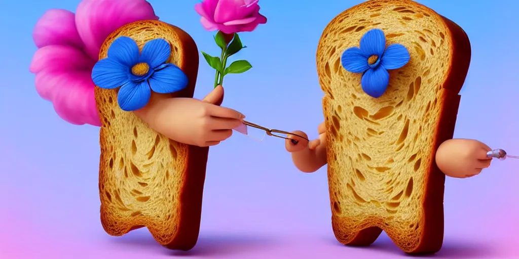 Image similar to epic professional digital art of a cute bread toast smiling wearing 👓 and a blue flower!!!!, best on artstation, cgsociety, much detail, much wow, masterpiece