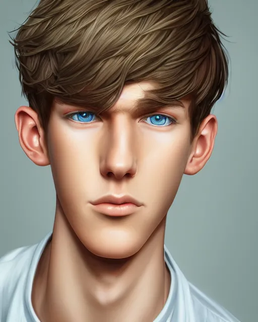 Image similar to portrait of 1 5 - year - old boy, a tall, slender boy with a pale, pointed face, sleek blond hair, and ice grey eyes, wearing in shirt, hyper realistic face, beautiful eyes, character art, art by mark brooks, hyperdetailed, cryengine, trending on artstation, digital art