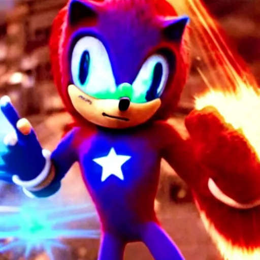 Image similar to The famous scene in the Avengers when Sonic the Hedgehog finally arrived to the fight and beat Thanos, movie sonic, extremely detailed with lots of background explosions and effects, grinning, wearing red gloves, 4k, 8k, HDR