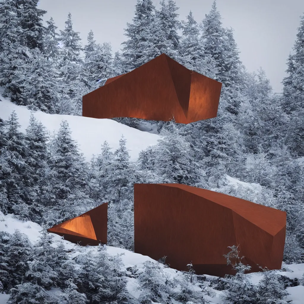 Image similar to “Hyper realistic, corten Steel cabin in mountain covers by snow, Mornin light, Future design, architecture design, foggy, environment, Cinematography, mega scans, sloped site, cinematic, hyper realistic, photo real, cinematic composition, highly detailed, vray, 8k render”