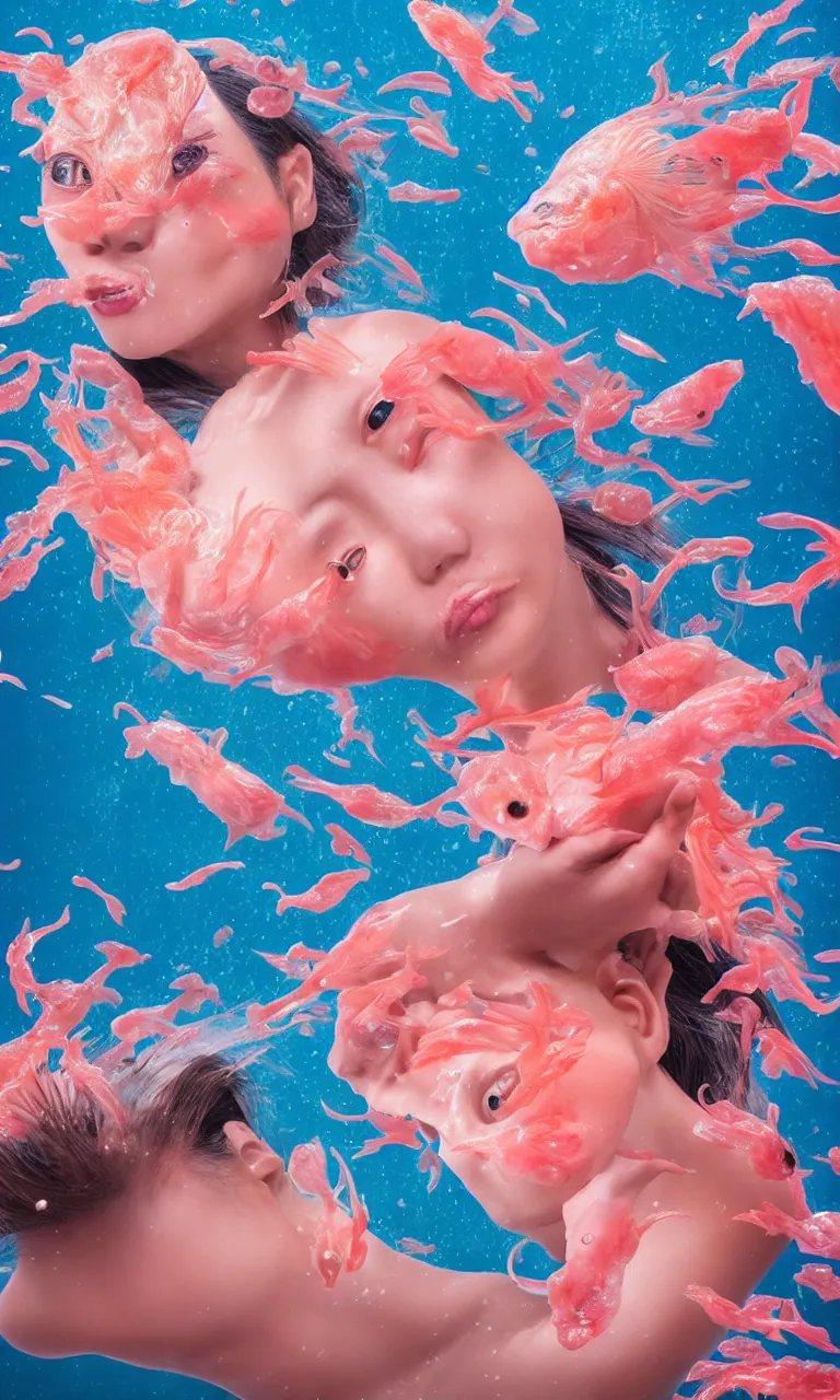 Image similar to surrealist head fish Chinese woman body surrealistic, half fish half Chinese woman , fish head, diving in the air rounded by jelly clouds made by national geographic underwater photographer 4k, 8k,