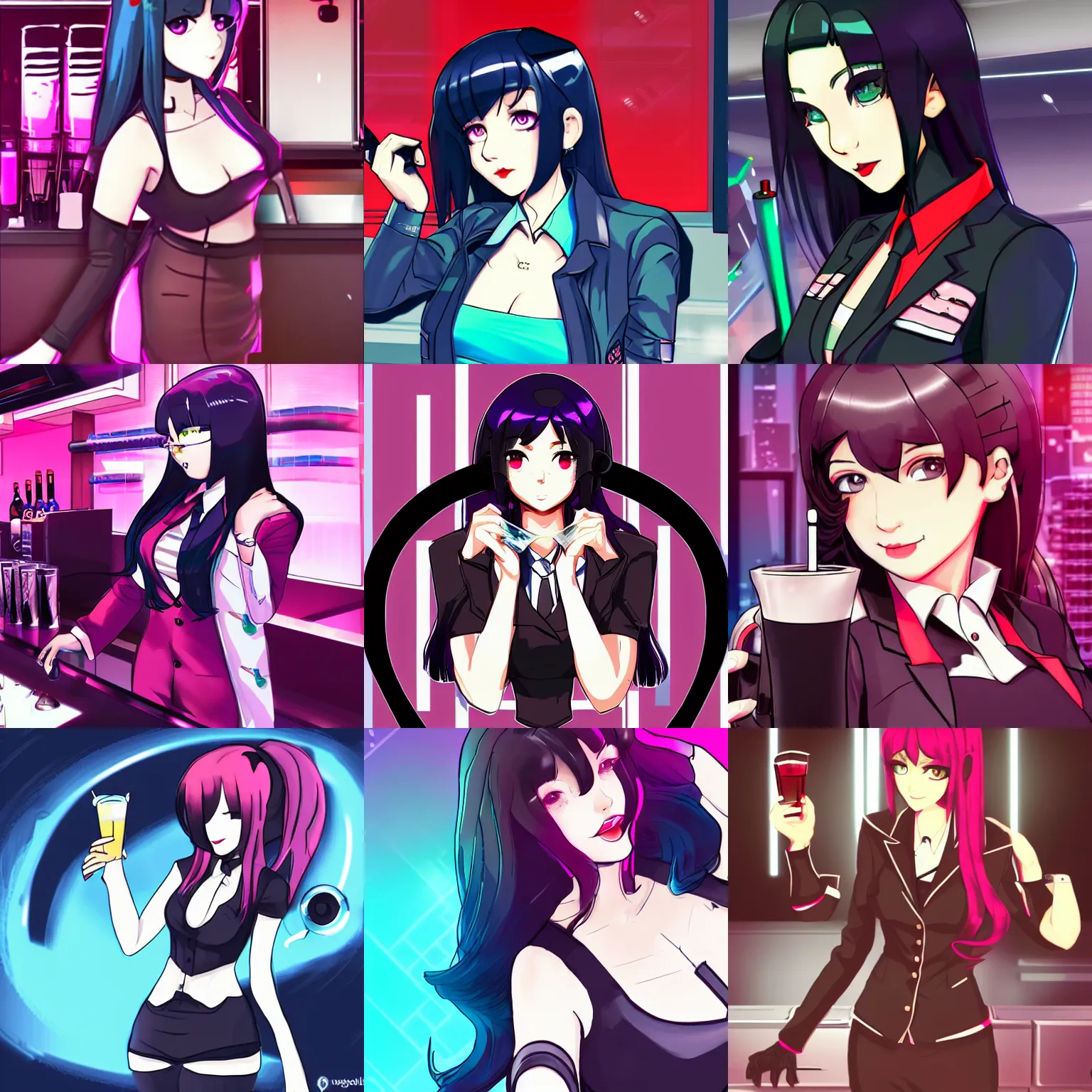 Prompt: Jill Stingray, VA-11 Hall-A, illustration, cyberpunk, bartending, dark hair, suit, mixing drinks