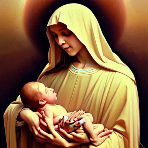 Image similar to the virgin mary holding fetus jesus fetus christ, highly detailed, digital painting, concept art, smooth, sharp focus, illustration, surrealist, absurd, humorous, photoshop, art by artgerm and greg rutkowski and alphonse mucha