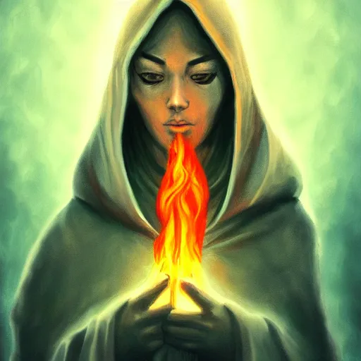 Image similar to ( a priestess with a hood that covers half her face carries an incense burner that emits a pleasantly colored flame. ) by anato finnstark, dream, full body portrait, dynamic lighting, beautiful, trending on artstation, wallpaper, 4 k, award winning, digital art, very detailed faces