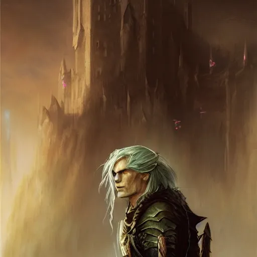 Image similar to closeup portrait of drizzt do'urden, drow elf, dungeons and dragons character, castle background, gorgeous view, realistic, high detail, digital art, painted by greg rutkowski, painted by jeremy mann, trending on artstation
