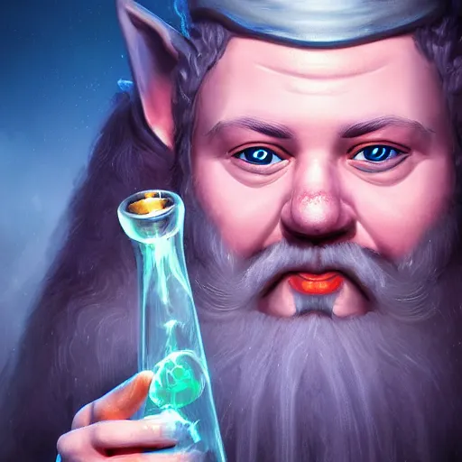 Image similar to portrait of a beautiful gnome alchemist with a bong, D&D, sharp focus, realistic, cinematic lighting, fantasy digital painting