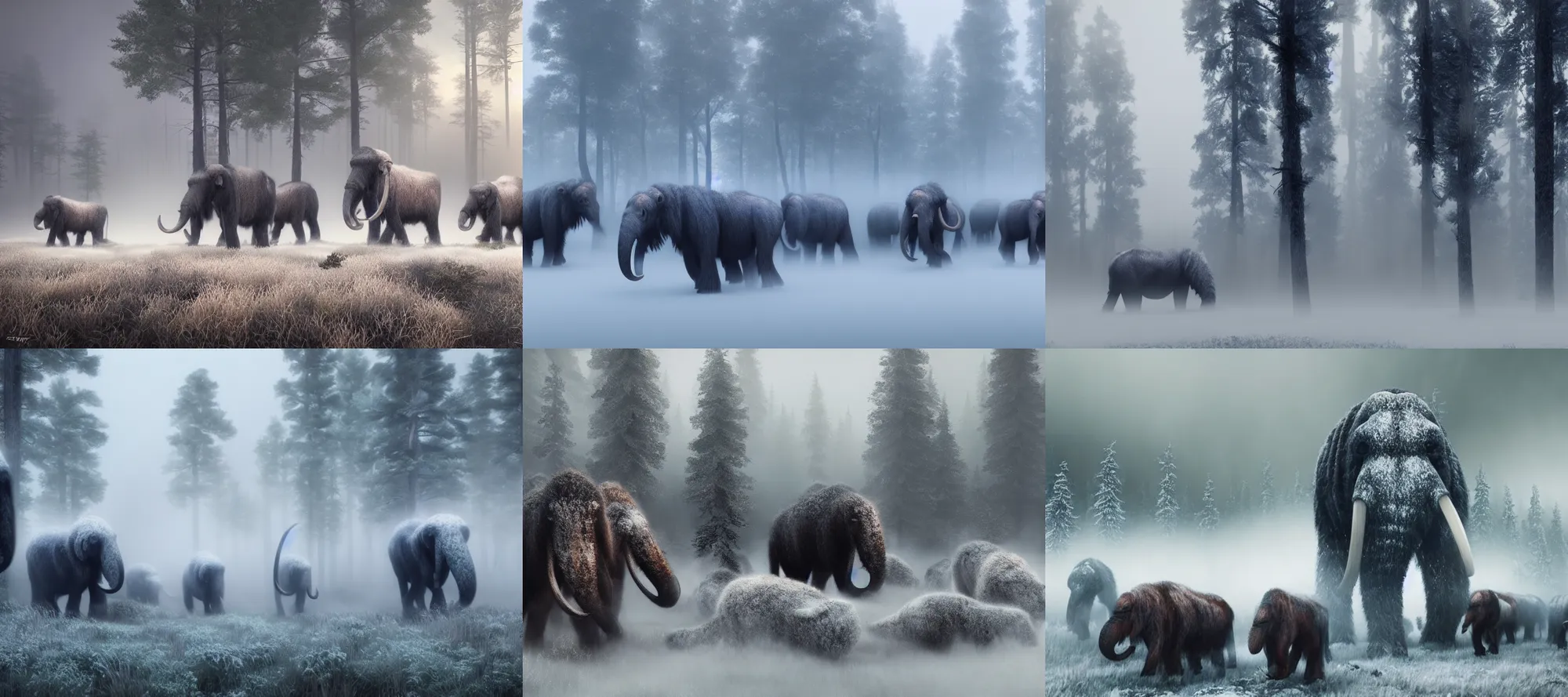 Prompt: a herd of woolly mammoths emerging from fog, snowy forest, dramatic, cinematic, artstation, realistic photograph, ambient, dark shades of colors, unreal engine 5, rendered by octane