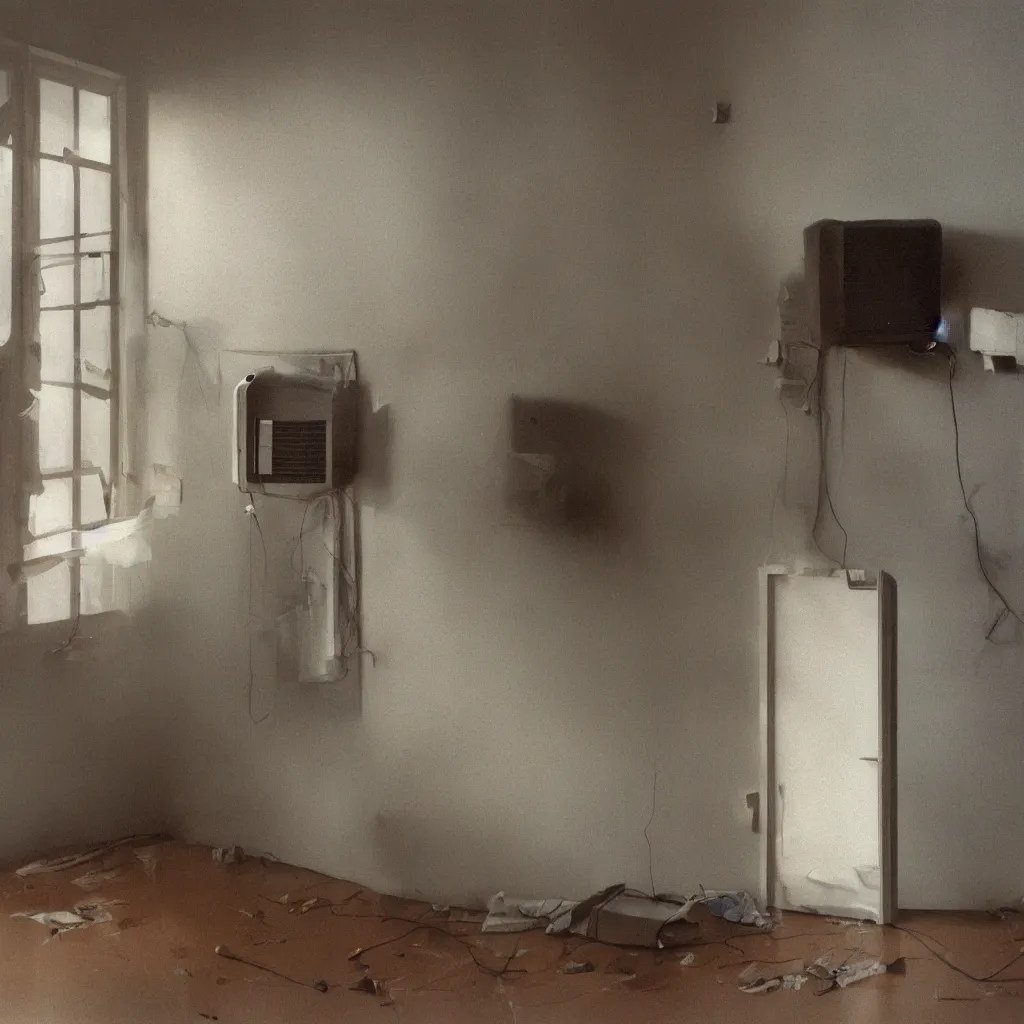 Image similar to an air conditioner above a window in a teenager's room flooding water, california, blurred, faded, depth of field, sunny, ultra realistic, very detailed, by gerhard richter, neo rauch and nadav kander, 8 k hyper realistic detailed cinematic still