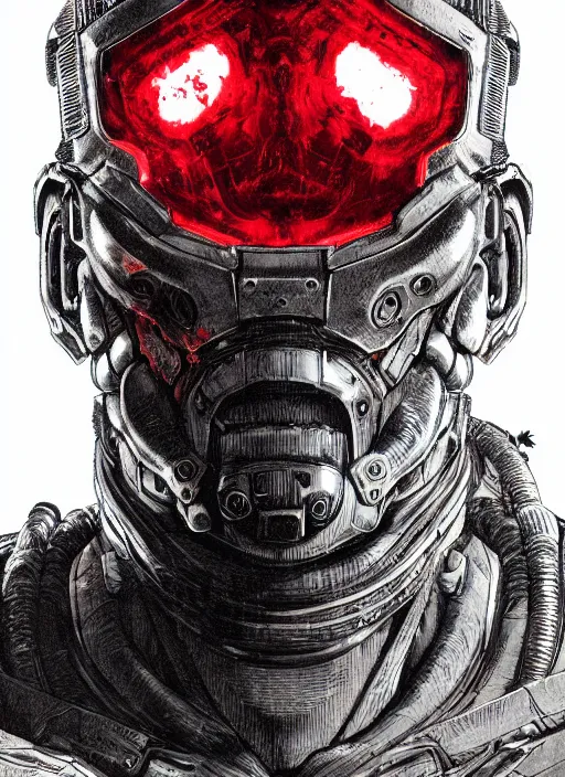 Image similar to close up portrait of the doom slayer, red backlight, powerful, domineering, stoic, masterful, intense, ultrafine hyperdetailed illustration by kim jung gi, irakli nadar, intricate linework, sharp focus, octopath traveler, yoji shinkawa, highly rendered, detailed, concept art