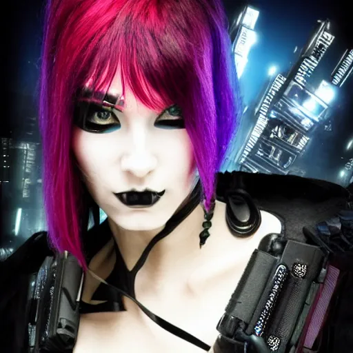 Prompt: cyberpunk goth girl, cyberpunk, bladerunner