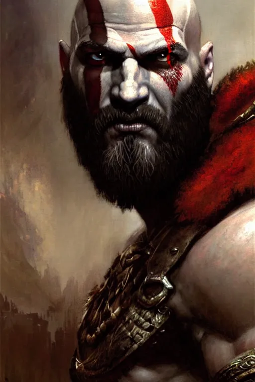 Image similar to god of war kratos portrait dnd, painting by gaston bussiere, craig mullins, greg rutkowski, yoji shinkawa