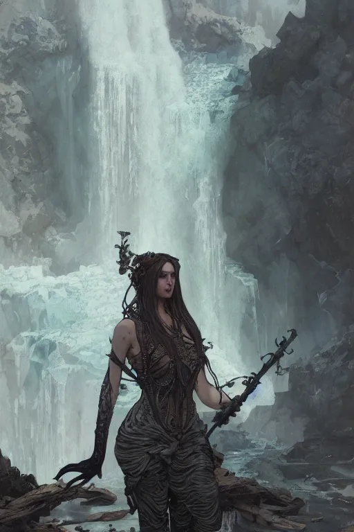 Image similar to a full body portrait of a beautiful post apocalyptic offworld nordic necromancer swimming by the waterfalls, intricate, elegant, highly detailed, digital painting, artstation, concept art, smooth, sharp focus, illustration, art by krenz cushart and artem demura and alphonse mucha