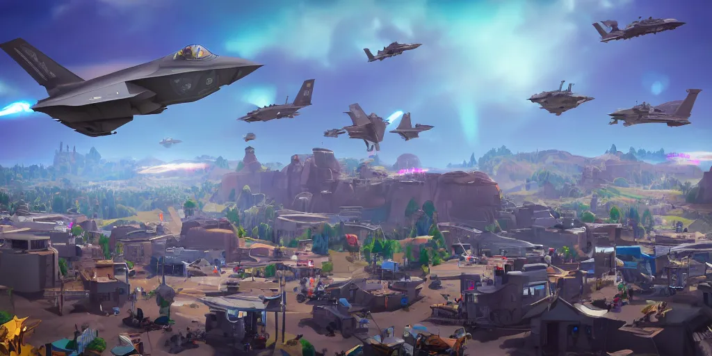 Image similar to cinematic, concept art, Orwellian Disney Land with high walls behind a crowd of climate refuges while F-35 raptors fly the Google logo in a dark sky in the art style of Fortnite, depth of field, 8k, 35mm film grain, unreal engine 5 render