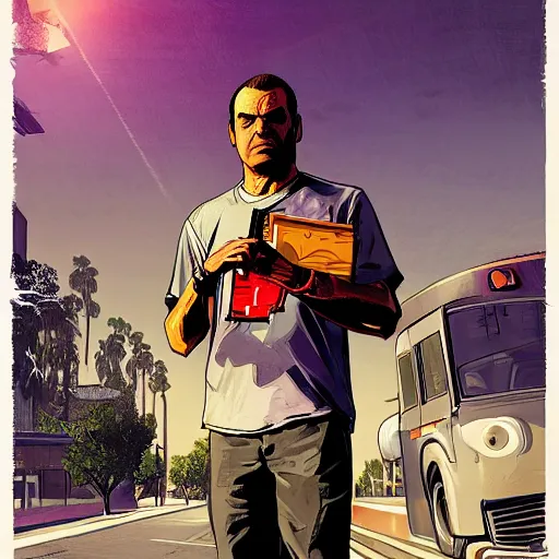 Prompt: nameless hero, gta v cover art, art by stephen bliss