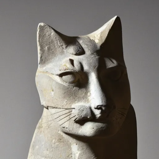 Prompt: close - up museum photo of an ancient limestone statue of a cat, egypt's, studio lighting, professional, promo,