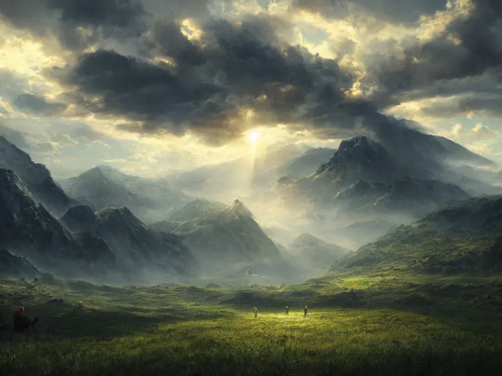 Image similar to a cinematic landscape view looking at an open field with a dragon flying above, mountains in the distance, the sun shines through the parted clouds, digital painting, fantasy, art by alexandre mahboubi and christophe oliver