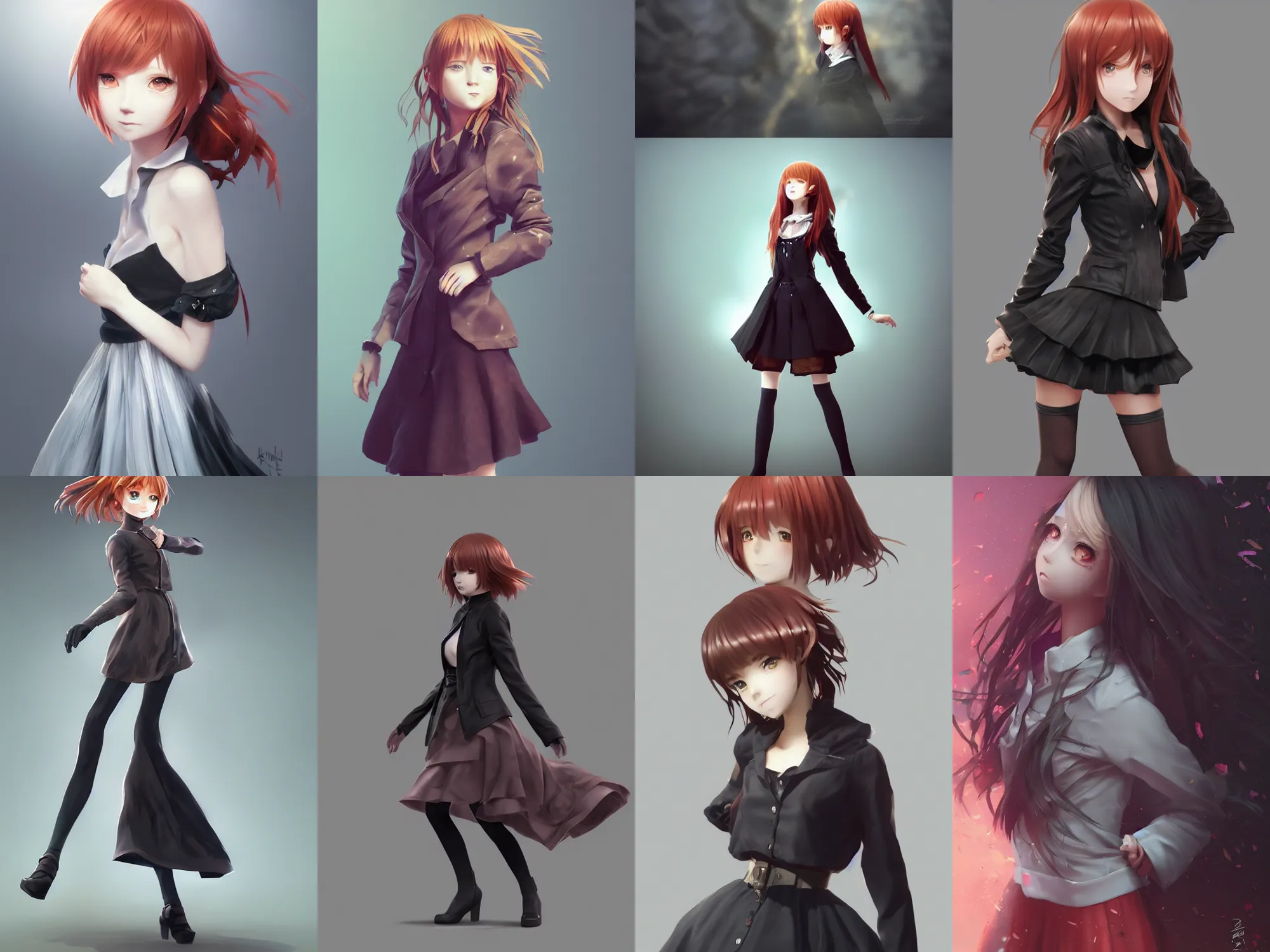 Image similar to Very complcated dynamic composition, realistic anime style at Pixiv, Zbrush sculpt colored, Octane render in Maya and Houdini VFX, young redhead girl in motion, wearing jacket and skirt, silky hair, black stunning deep eyes. By ilya kuvshinov, krenz cushart, Greg Rutkowski, trending on artstation. Amazing textured brush strokes. Cinematic dramatic soft volumetric studio lighting