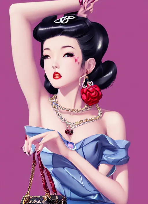 Image similar to a pin up and beautiful fashion dreamlke japan girl with lv jewelry, character art, art by artgerm, wlop, loish, hyperdetailed, 8 k realistic, symmetrical, global illumination, radiant light, frostbite 3 engine, cryengine, dof, trending on artstation, digital art, chanel, dior, detailed background