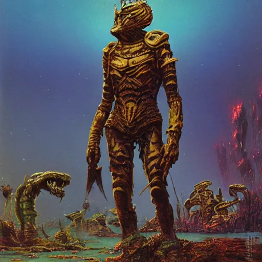 Prompt: sardaukar warrior walking the acid swamps of venus, vintage sci - fi art, by bruce pennington