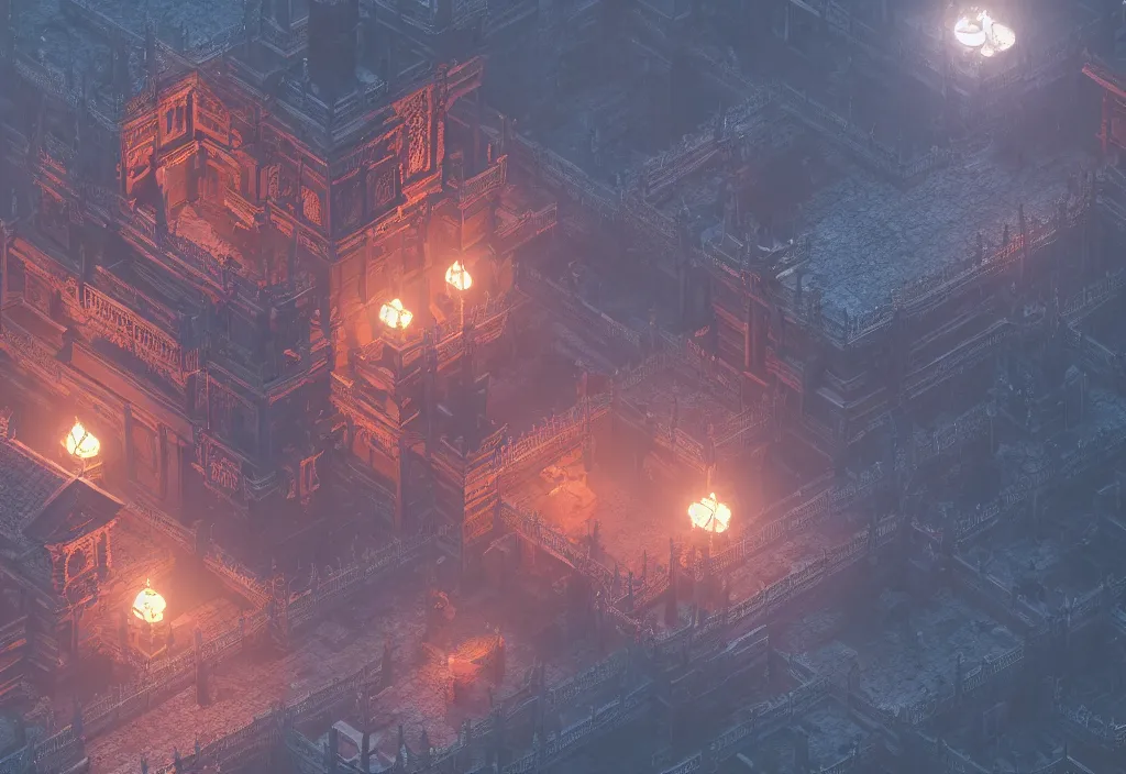 Image similar to isometric magicavoxel Bloodborne japanese cinematic lighting, 4k