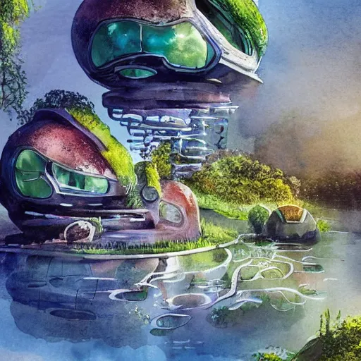 Prompt: beautiful happy picturesque charming sci - fi organic pod - like homes consisting of modules of the future in a beautiful natural scene. water, trees and rocks. beautiful light. soft colour scheme. beautiful artistic detailed watercolor by lurid. ( 2 0 2 2 )