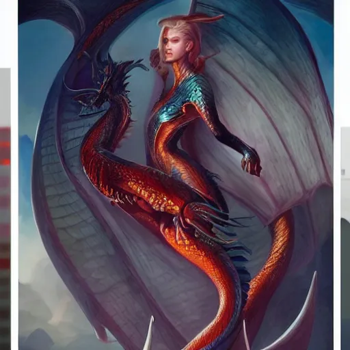 Image similar to photo of a beautiful female dragon, anthropomorphic, sharp focus, illustration, ultra real, masterpiece, glowing holy aura by magali villeneuve and stanley artgerm lau, wlop,