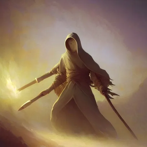 Image similar to ''cinematic shot'' white hooded mage ( specter ) holding a staff with leaves falling simetrical 8 k atmosferic realistic made by ivan aivazovsky, peter mohrbacher, greg rutkowski volumetric light effect broad light oil painting painting fantasy art style sci - fi art style realism premium prints available artwork unreal engine