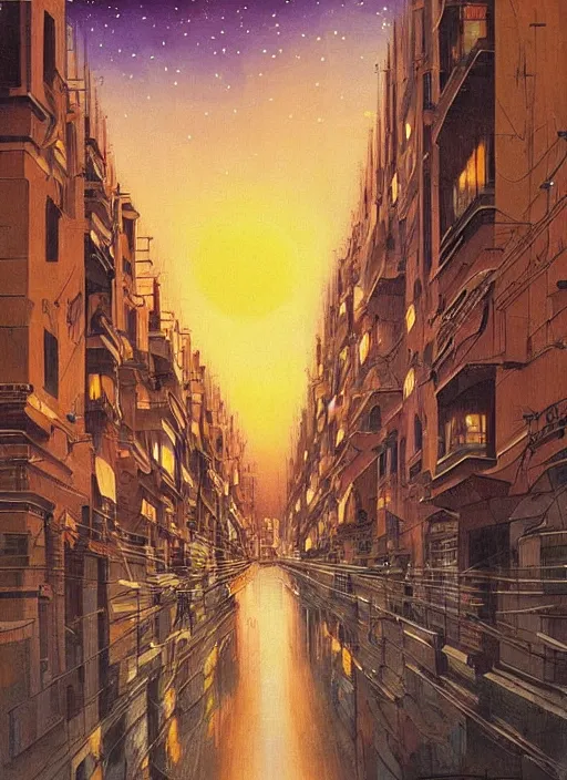 Image similar to ethereal starlit city at sunset, italian futurism, da vinci, Josan Gonzalez