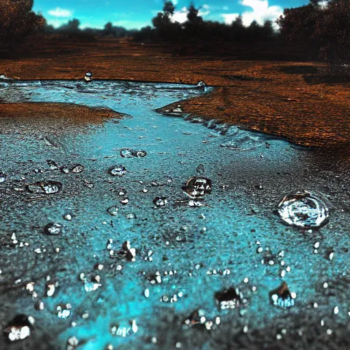 Image similar to water dripping up from a river into the blue sunny sky, desolate land, hyper detailed photorealistic