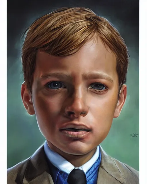 Image similar to portrait of a 7 year old child, gritty, serious, wearing a suit, very detailed eyes, hyperrealistic, beautiful, very detailed painting by Glenn Fabry, by Joao Ruas, by Artgerm