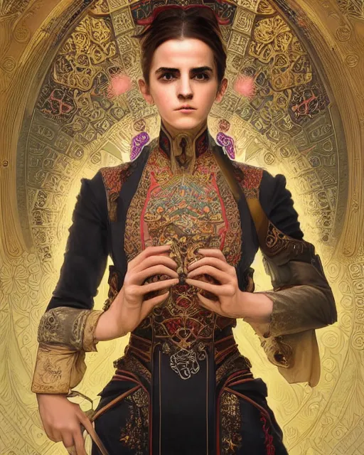 Image similar to portrait of a turkish masculine female emma watson cyberpunk machine, machine face, upper half portrait, decorated with ottoman opera motifs, muscular, asian, fine china, wuxia, traditional chinese art, intricate intense elegant, highly detailed symmetry headpiece digital painting artstation concept art smooth sharp focus illustration, art by artgerm and greg rutkowski alphonse mucha 8 k