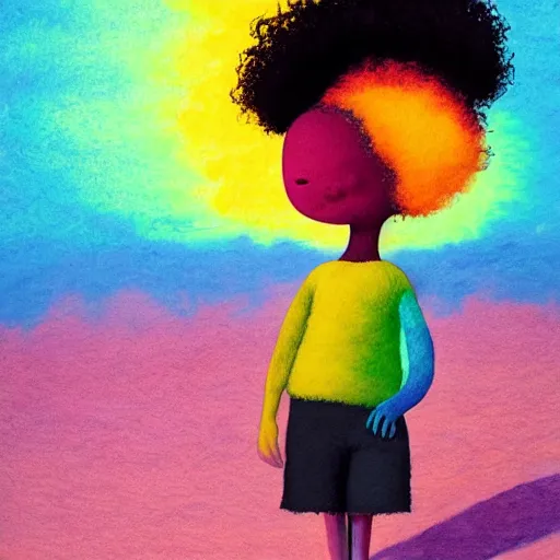 Image similar to a black girl with a colorful afro and rainbow eyes, relaxing on the beach at sunset, bright colours, watercolor, volumetric wool felting, macro photography, children illustration, by goro fujita