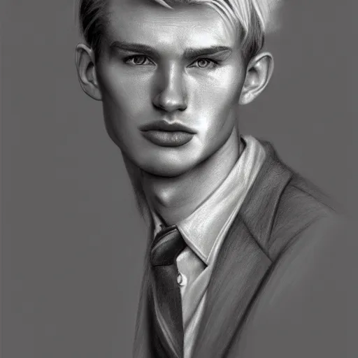 Prompt: A pencil drawing portrait of a blond young Irish man with high cheekbones. Good bone structure. Dressed in 1940s style. Highly detailed, fine Art, high detail, great lighting, 8k resolution, masterpiece, concept art, illustration, clear eyes, painting oil on canvas, octane render, HDR, trending on artstation, 4k, 8k, HD