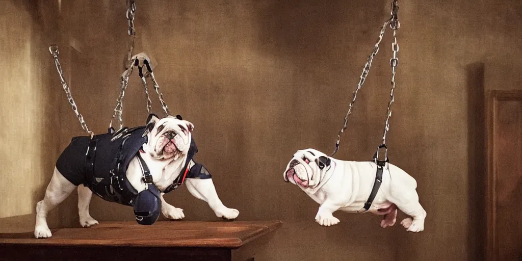 Image similar to an english bulldog in a harness suspended from the ceiling in a fancy museum, night scene, heist movie