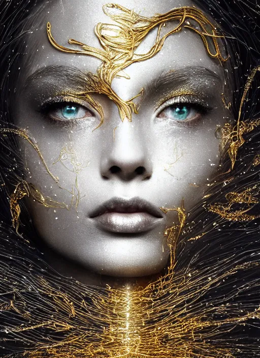 Image similar to glowing silver and golden elements, full close-up portrait, crow from shutterstock, book cover, green forest, white moon, red lips, establishing shot, extremly high detail, photo-realistic, cinematic lighting, pen and ink, intricate line drawings, by Yoshitaka Amano, Ruan Jia, Kentaro Miura, Artgerm, post processed, concept art, artstation, matte painting, style by eddie mendoza, raphael lacoste, alex ross