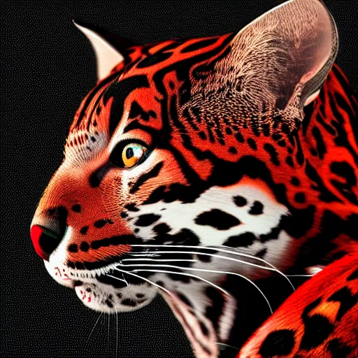 Image similar to profile shot of a black and red ocelot with black background, high contrast, octane render, 4k