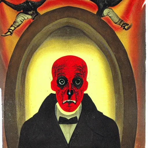 Image similar to portrait of alexander abdulov, with a red eyes, satanic body, head of old man, in blood of sinners, hellish style