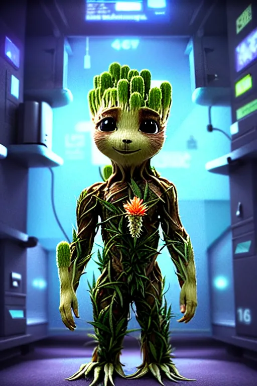 Image similar to high quality 3 d render very cute beautiful creature with a cannabis inflorescence instead of a head, like baby groot! incorporated speakers!, cyberpunk highly detailed, unreal engine cinematic smooth, in the style of blade runner & detective pikachu, hannah yata charlie immer, moody light, low angle, uhd 8 k, sharp focus