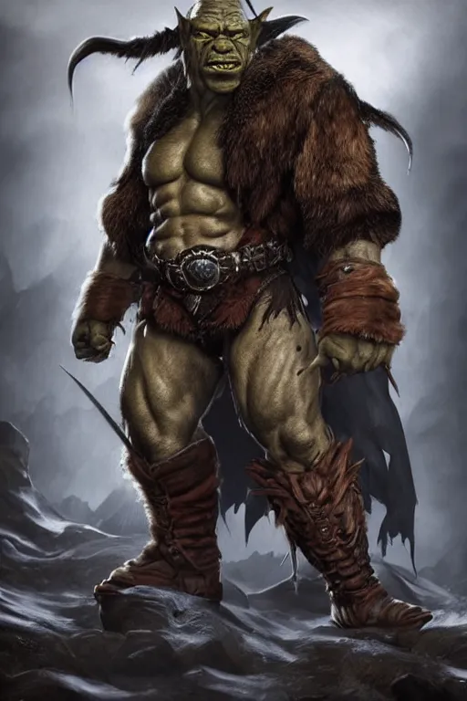 Prompt: A full body shot of a handsome orc looking into the camera wearing a leather fur jacket and leather boots, full body shot, detailed face, orc, portrait, artstation, realistic, highly detailed, symmetrical, D&D, Dungeons & Dragons, hyper realistic, dynamic pose, high detail, octane render, unreal engine, 8k, fantasy art, highly detailed, dramatic lighting, concept art