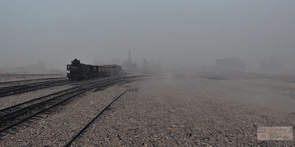 Prompt: industrial mine, pollution, haze, baotou china, steam train,