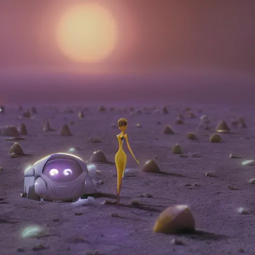 Image similar to a cinematic film still from a 2001 Pixar movie about a futuristic city on the moon where anthropomorphic star beings live, aesthetic, in the style of Pixar, shallow depth of focus