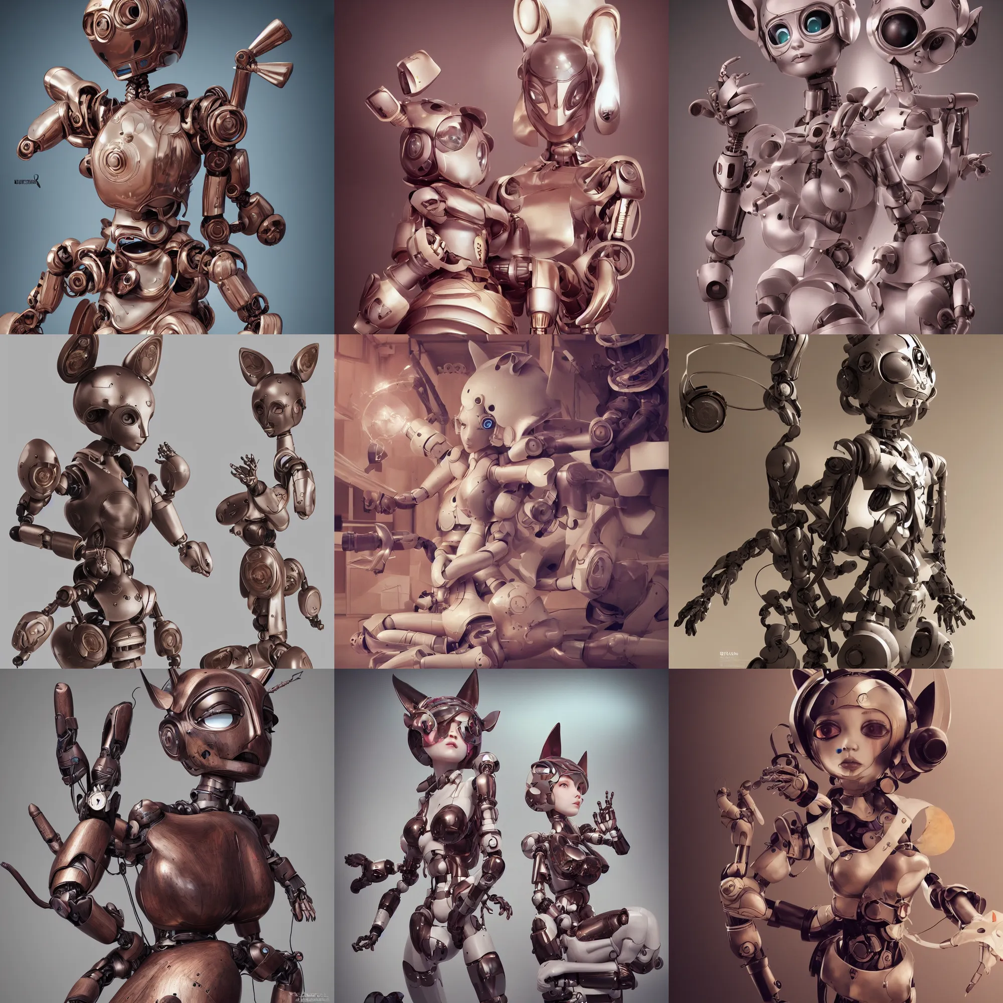 Prompt: 8k octane render ultra photorealistic detailed a wooden sculpture ,art toys on feet ,very cute robot mythic with cat ears zen meditation synth punk a on contemporary art gallery and néo Paris by Artgerm